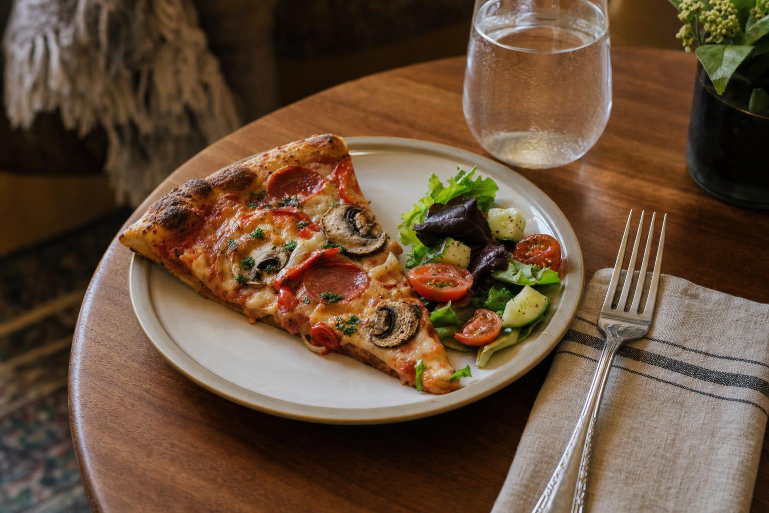 Smaller pizza night plate with one slice of pizza, salad, and water on a wooden table