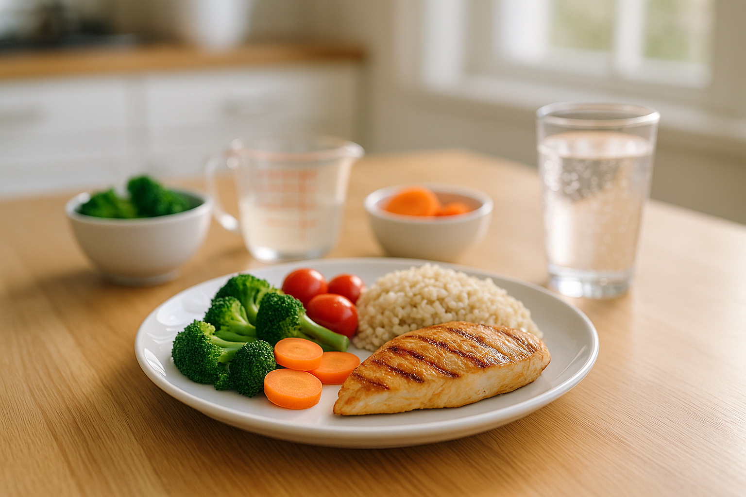 Balanced lunch plate with chicken, rice, vegetables, and smaller serving bowls on a bright kitchen table in a realistic stock-style photo
