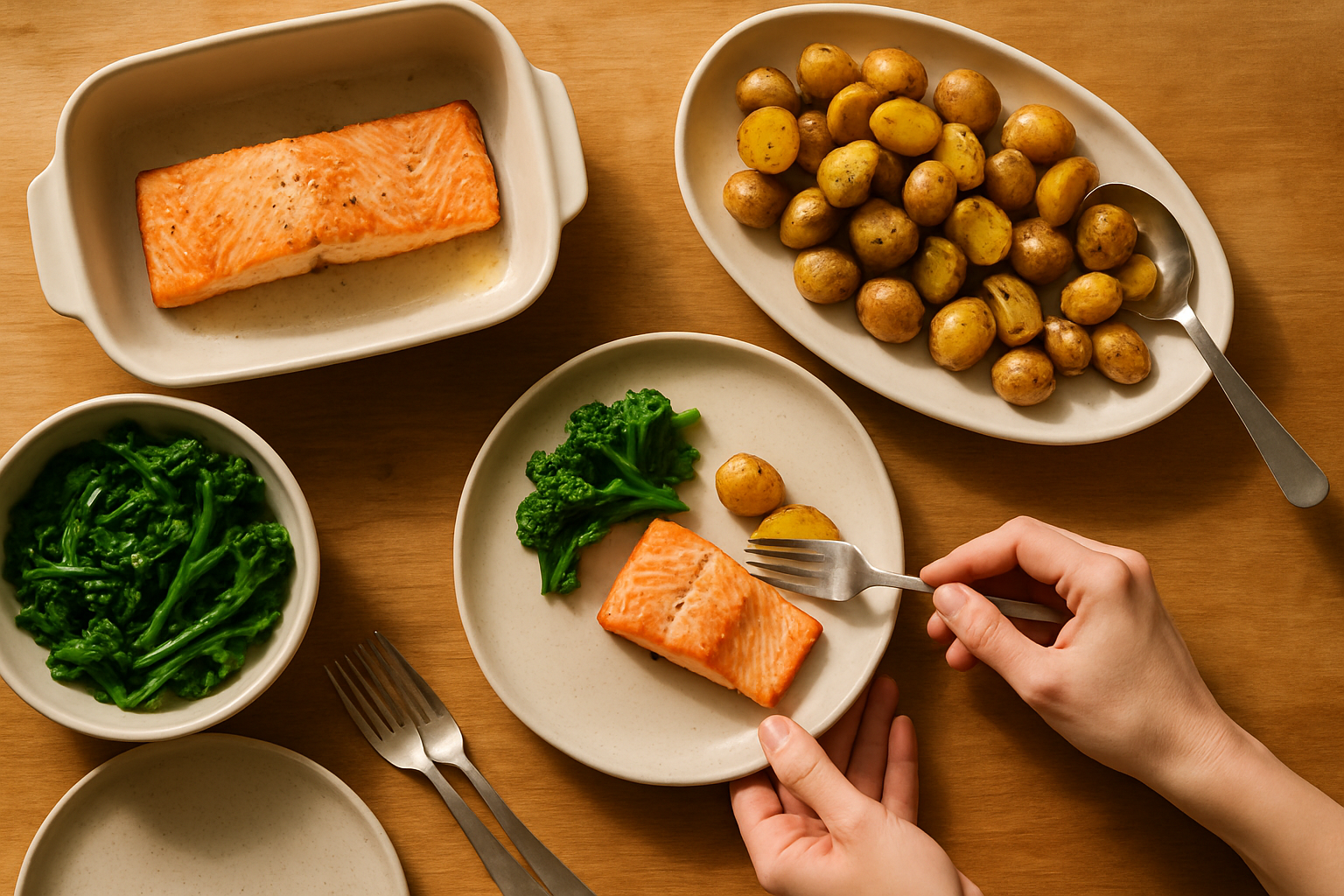 Overhead view of a dinner table with salmon, potatoes, greens, and a hand serving a moderate portion onto a smaller plate in a realistic stock-style photo
