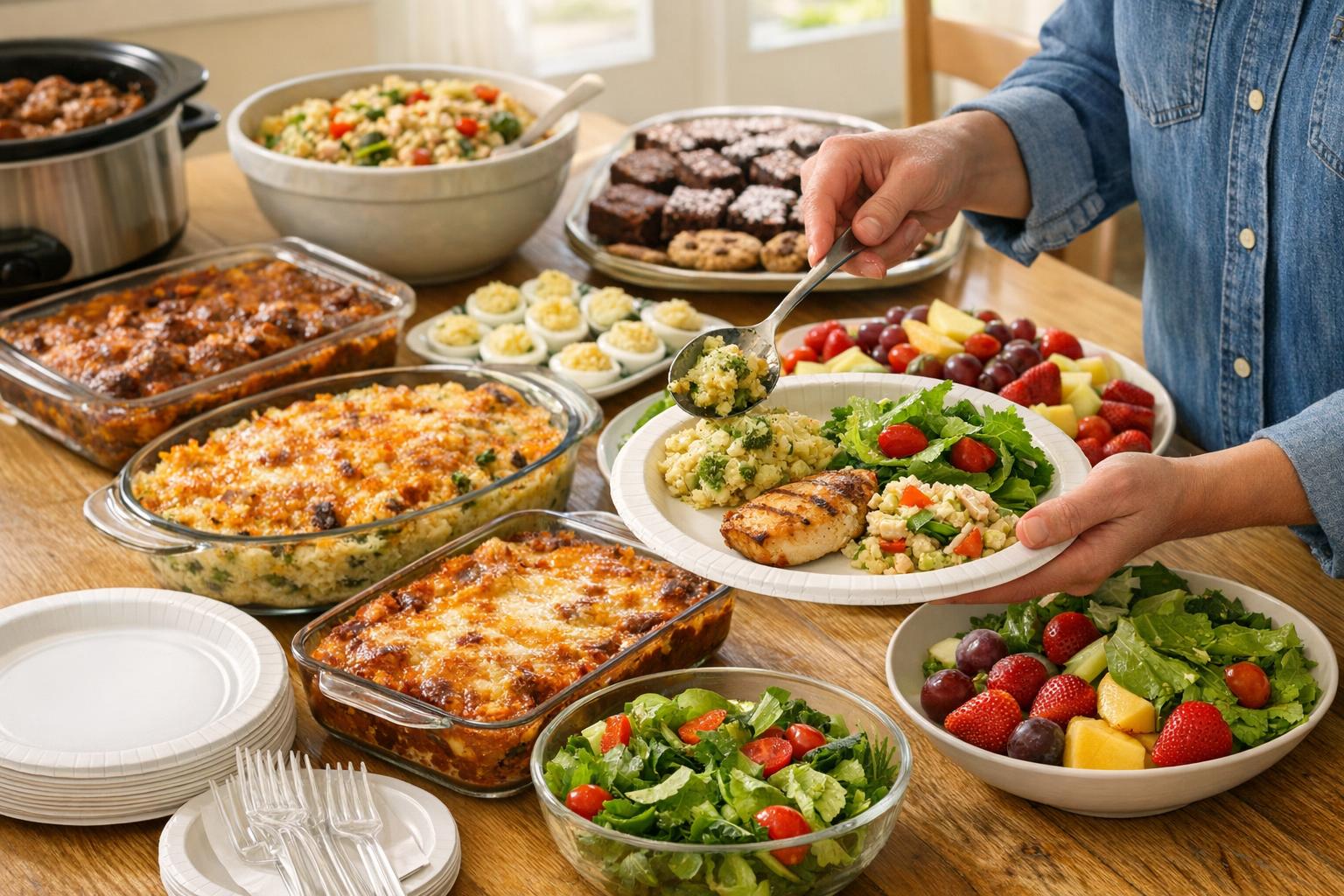 Realistic potluck table with casseroles, salad bowls, fruit, dessert, and paper plates in warm indoor light