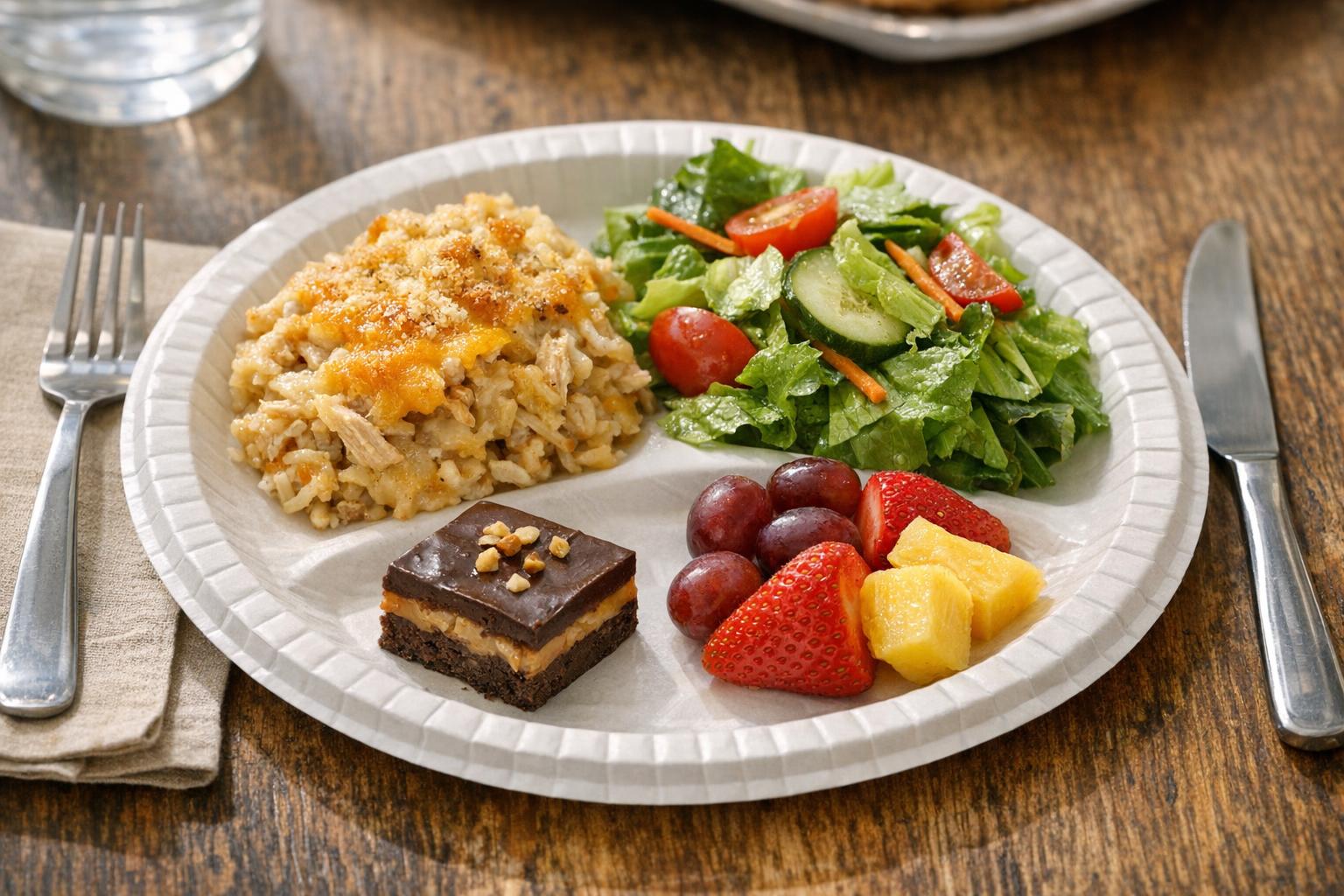 Paper plate with a sensible potluck portion of casserole, salad, fruit, and a small dessert square