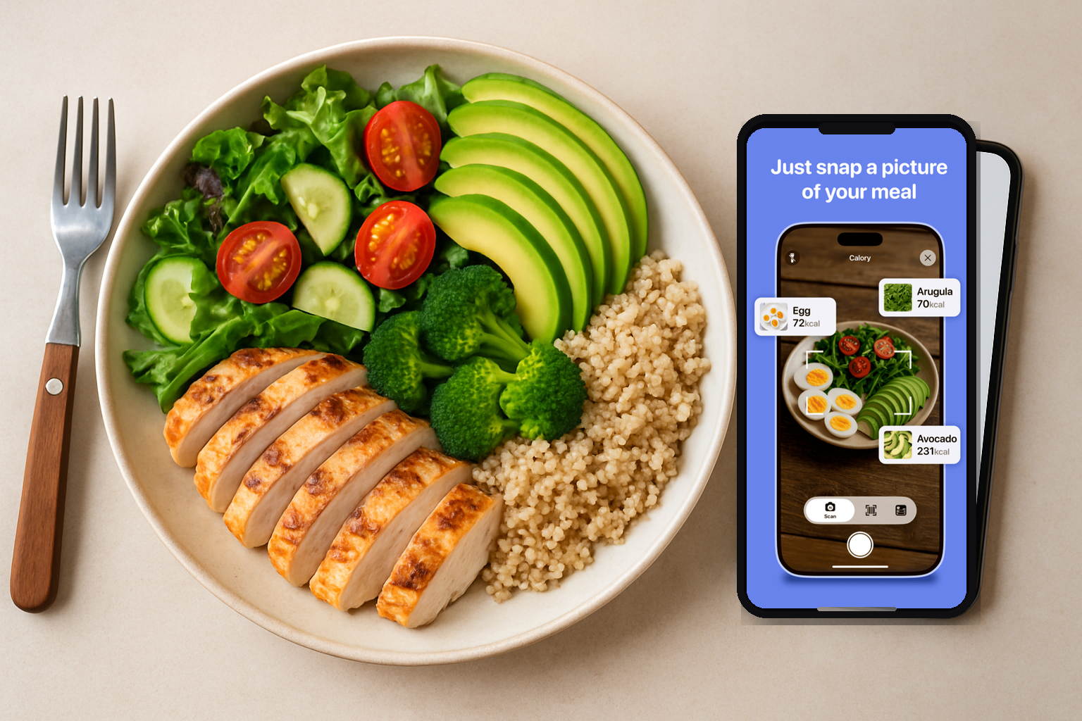 Healthy restaurant meal on a table next to a smartphone used for calorie tracking