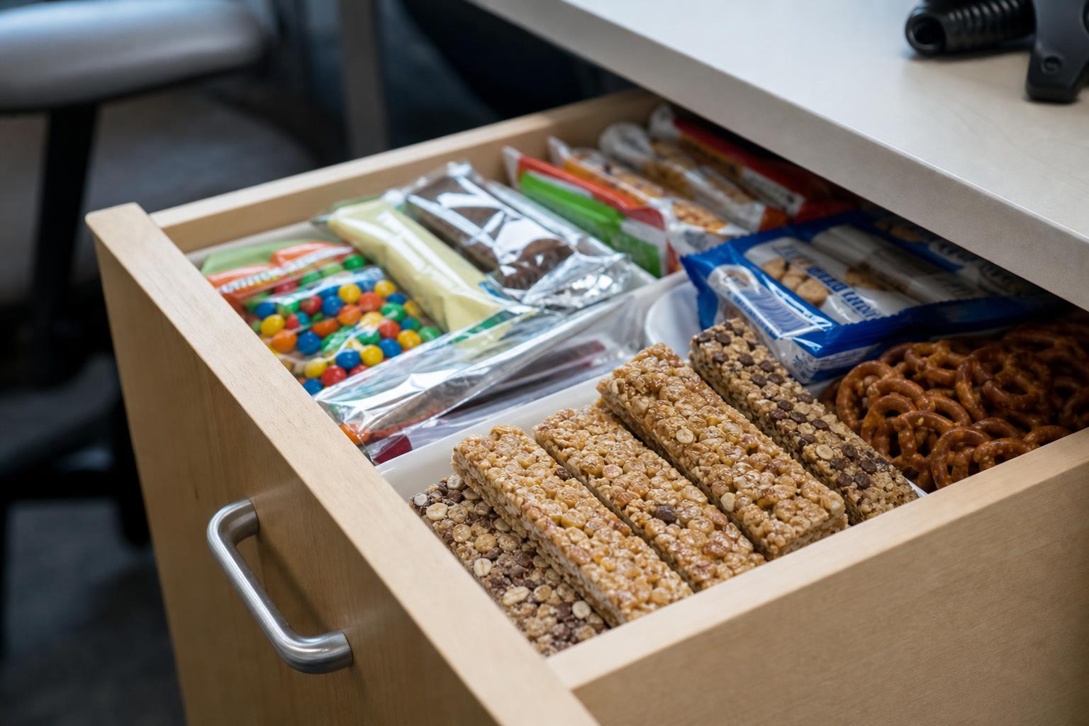 An open office snack drawer with individually wrapped snacks and treats in daylight