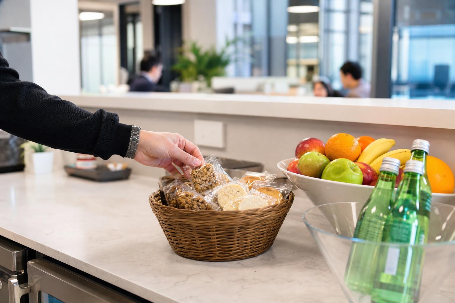A hand reaching toward office snacks near fruit and sparkling water in a break room